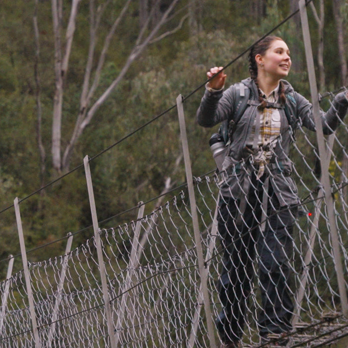Chloe crossing the Jack Cribb Suspension bridge on the Hume and Hovell track