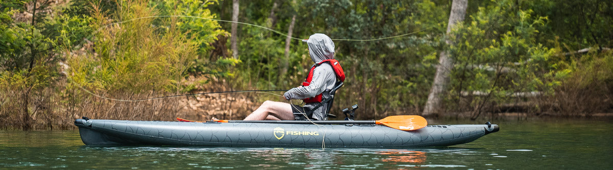 Pat fishing from the NRS Pike Inflatable kayak on Blowering Dam