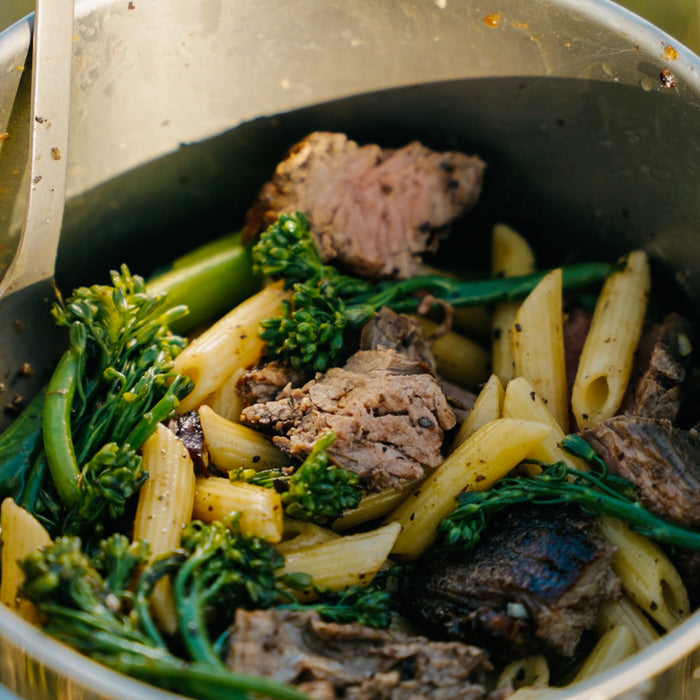 Backcountry Steak and Broccolini Pasta