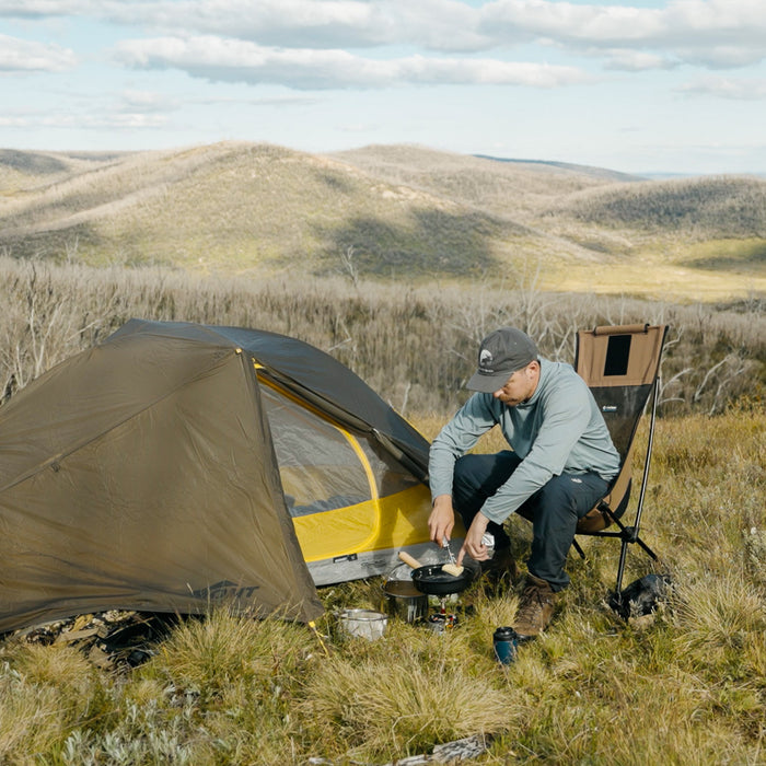 Dean camping at Sawyers hill, overlooking Sawyers Hut 