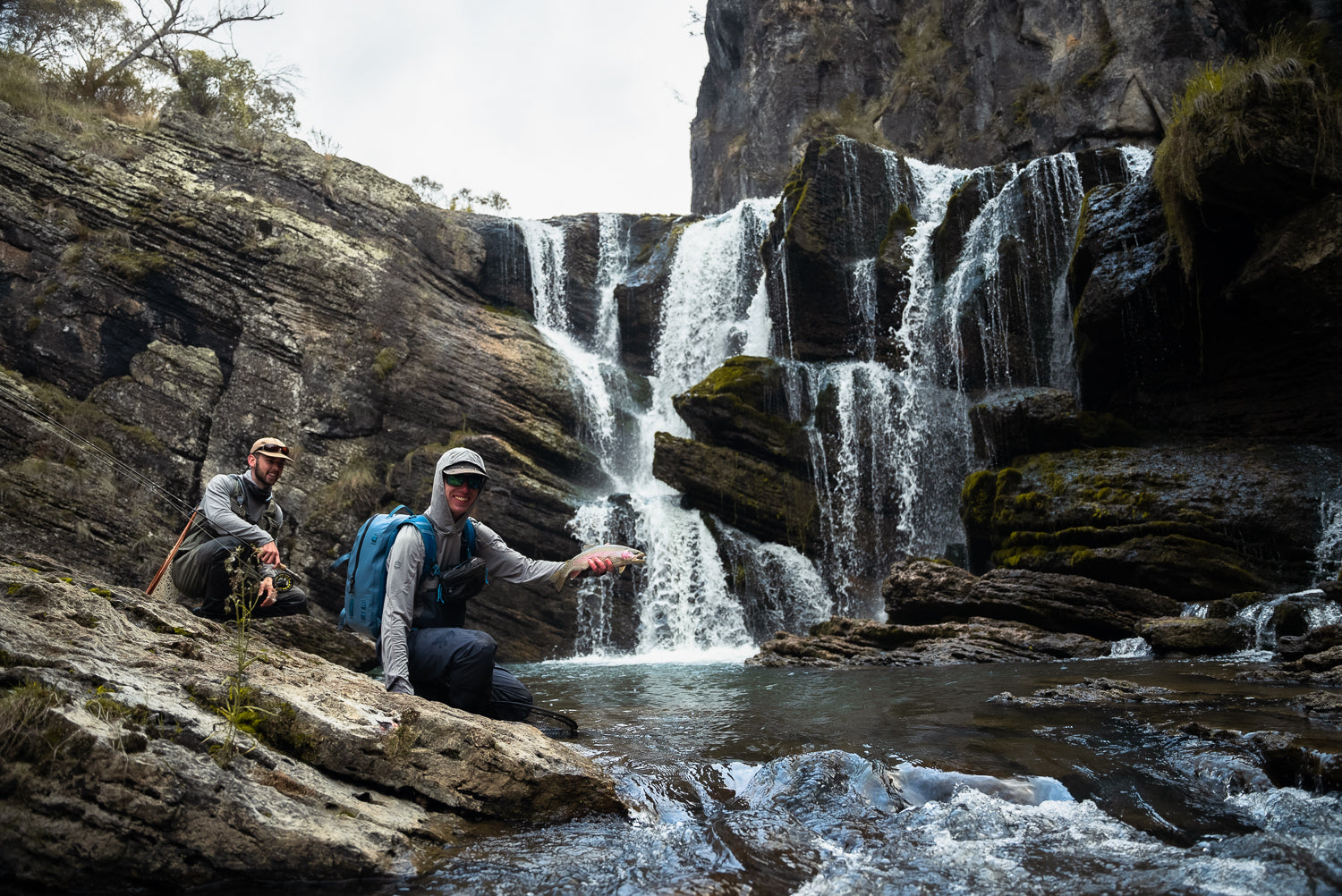 Pat and Dom fly fishing for snowy mountains trout at Blue Waterholes in Kosciuszko National Park