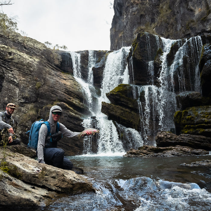 Pat and Dom fly fishing for snowy mountains trout at Blue Waterholes in Kosciuszko National Park