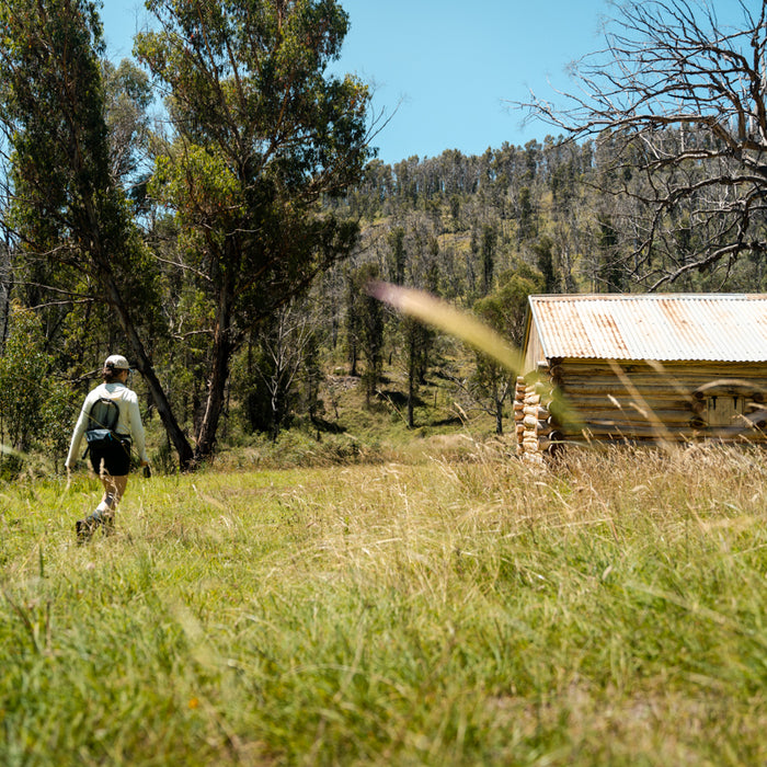 Chloe hiking and fly fishing at Vickerys Hut in Kosciuszko National Park