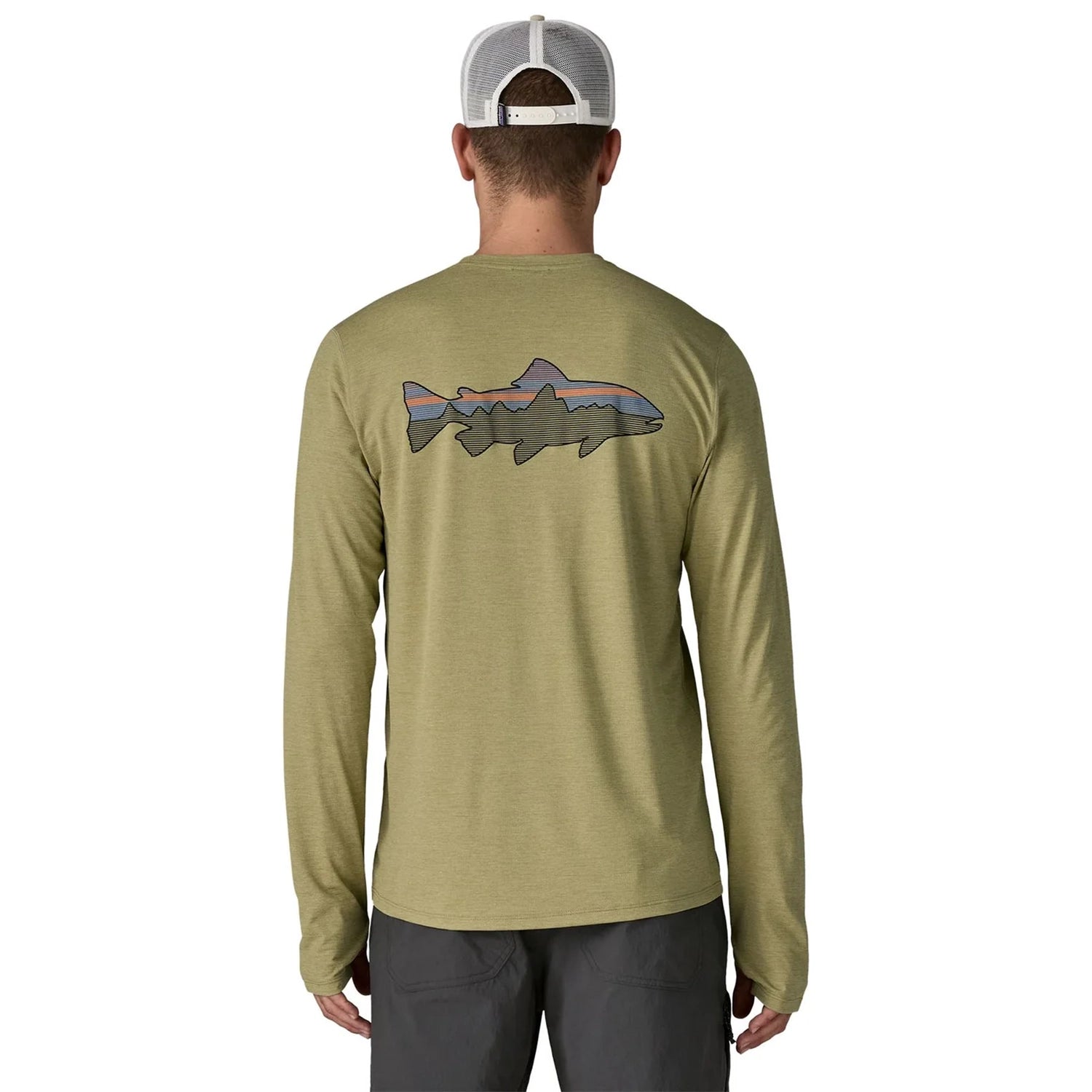Patagonia Men's Long Sleeve Cap Cool Sun Shirt - Fitz Roy Trout - Gumtree Green / Light Gumtree Green X-Dye