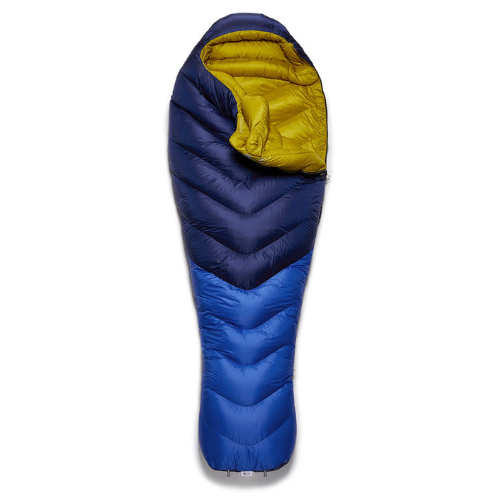 Rab Neutrino 800 Down Sleeping Bag nightfall blue 1/4 open