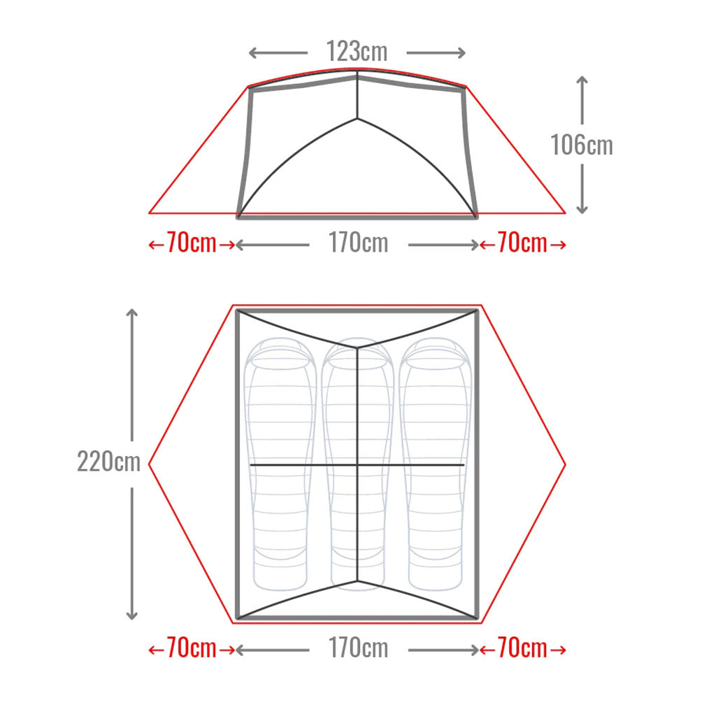 Mont Moondance EX Tent Sahara - 2-3 Person 3-Season 2.3kg Hiking Tent dimensions
