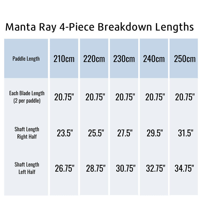 Aqua Bound Manta Ray Hybrid 4-Piece Posi-Lok Kayak Paddle - size chart
