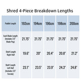 Aqua Bound Shred Carbon 4-Piece Kayak Paddle - size chart