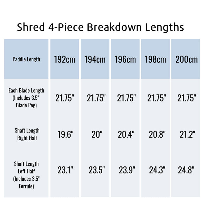 Aqua Bound Shred Hybrid 4-Piece Kayak Paddle - size chart